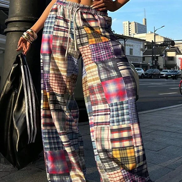 Multicolor Casual Women's Tropical Vacation Plaid Baggy Pants - Picture 3 of 5